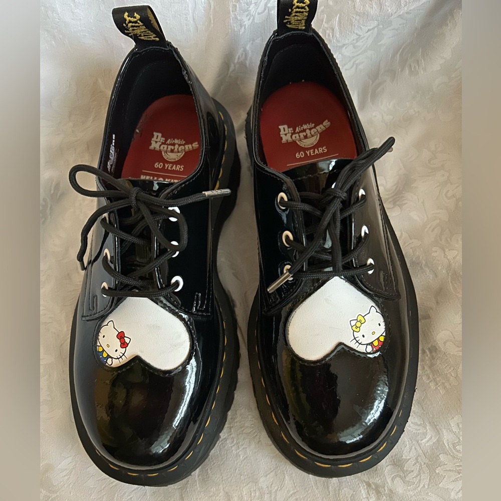 Dr. Martens Black Patent Hello Kitty Heart Lace-Up Shoes